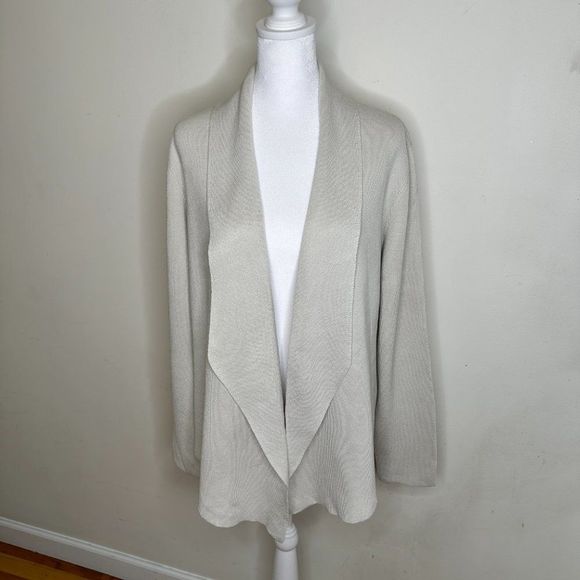 Eileen Fisher Silk & Organic Cotton Interlock Shawl Collar Jacket Bone Size Lg - Picture 1 of 6